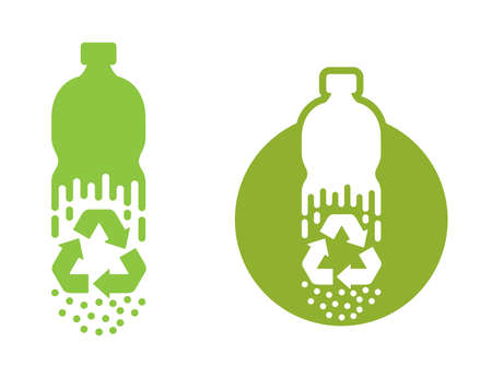 Recycle waste biomaterials and Biodegradable sticker - disappearing plastic bottle turns to granules - eco friendly compostable material production - environment protection emblemのイラスト素材