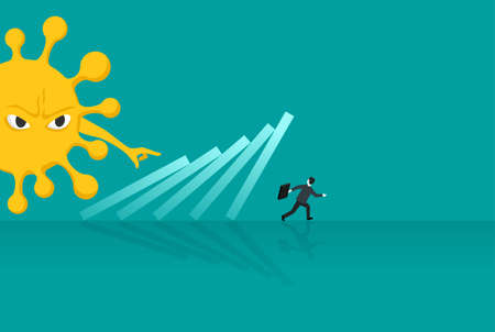 Global Economic Downfall Because of pandemic - economic impact. Businessman trying to stop falling domino. Vector illustrationのイラスト素材