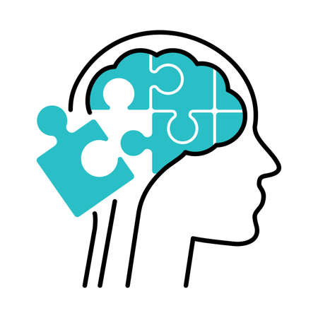 Human head with puzzle pieces as a brain metaphor. Psychological isolated vector illustrationのイラスト素材
