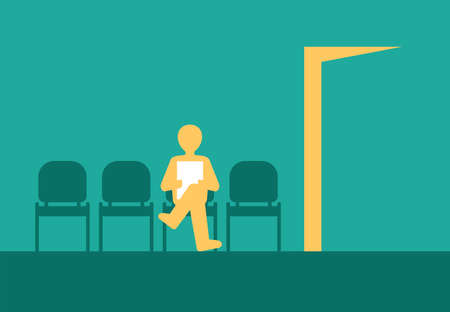 Business character waiting for job interview. Sitting in chair with summary in hands. Human Resources and Job Recruitment Concept. Vector illustrationのイラスト素材
