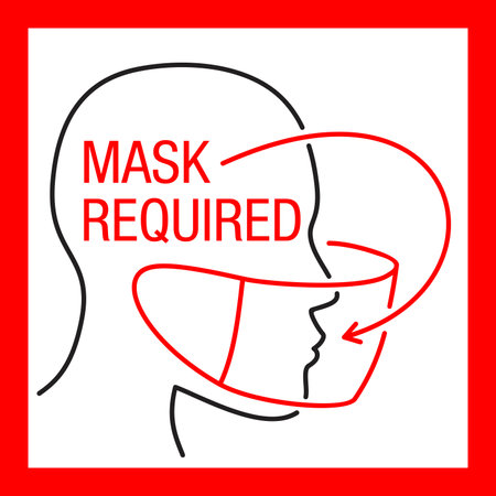 Mask Required, No entry without mask sticker - thin line decorated person character in virus protective equipment - face mask required prohibit signのイラスト素材