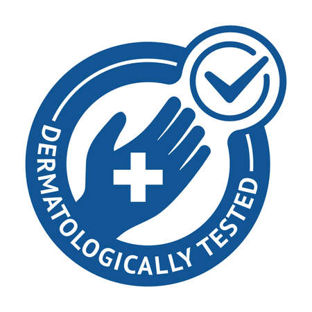 Dermatologically tested flat emblem - human hand with medical cross - quality testing proven icon for cosmetic products packagingのイラスト素材