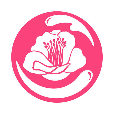 Camelia Japonica extract - Tsubaki oil icon - flat monochrome stamp with flower and splashing drops - useful and healthy ingredient for anti-age cosmeticsのイラスト素材