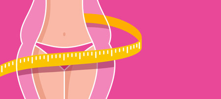 Losing weight banner template - diet, fitness or liposaction picture with copy space - fat woman body and slim figure with measuring tape - conceptual vector illustrationのイラスト素材