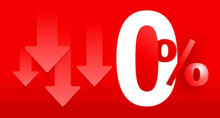 0 percents red banner with arrows down - zero commission special offer layout template with percent sign and red background - vector promo limited offers flyerのイラスト素材