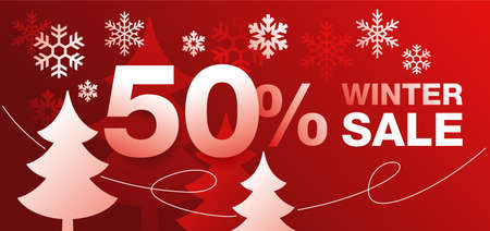 Winter Sale up to 50 percents off red banner template in seasonal decoration - snowflake and fir-rees vector background - promo advertisingのイラスト素材