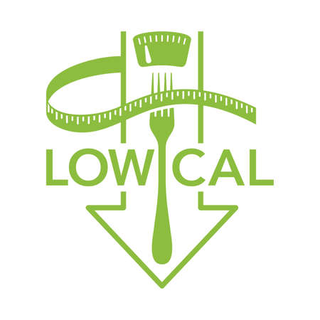 Low cal food flat icon - stamp for packaging of low calories diet products - weight scales with fork and arrow downのイラスト素材