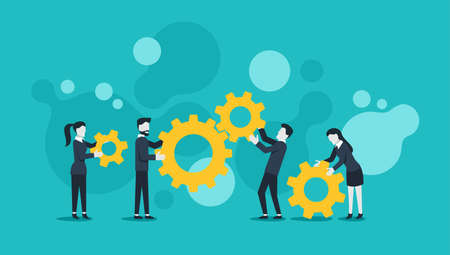 People working team, businessmen or managers, with gears - business management and working process conceptual illustration - vector conceptのイラスト素材