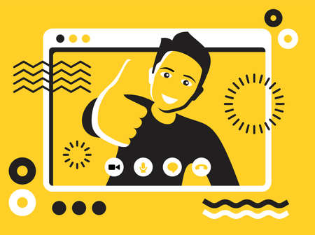 Remote work, Online Video conference illustration - happy smiling man inside video player UI and on...