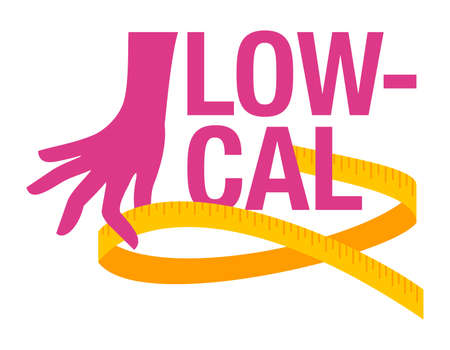 Low cal food icon - stamp for packaging of low calories diet products - word with hand holding measuring tapeのイラスト素材