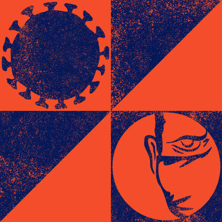 poster in urban grungy street art decoration. Virus silhouette and person with face mask. Vector illustrationのイラスト素材