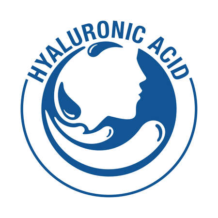 Hyaluronic acid icon - skin moisturizing action in skincare and cosmetics - woman profile silhouette, drop splashesのイラスト素材