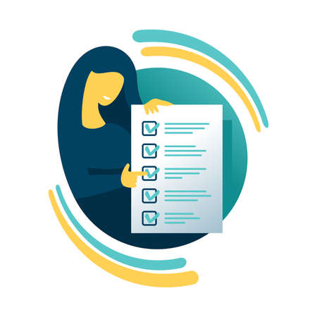 Checklist square icon - absctact woman character holding big completed check list - test, questionnaire, planning and big pencil - isolated vector creative illustration. Vector illustrationのイラスト素材