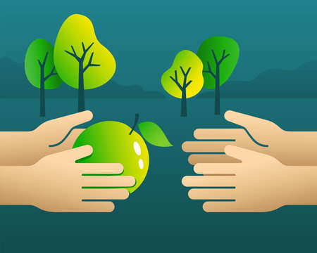 Short food supply chains SFSCs - food production-distribution-consumption configuration for farmers, agriculture and solidarity purchase groups. Fresh apple giving from hand to hand. Vector illustrationのイラスト素材