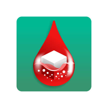 Diabetes square icon - sugar cube dissolving inside blood drop - high glucose level sign - isolated...