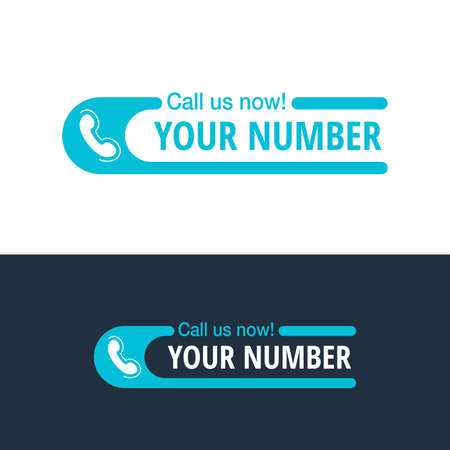 Call us Now blue flat button or address block - template for phone number in website header - conspicuous sticker with phone headset pictogramのイラスト素材