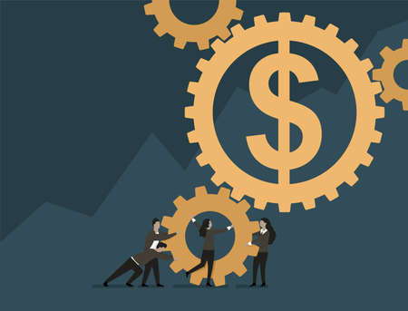 Economics and financial management concept - people team work group holds and rises big money symbol dollar - isolated vector illustrationのイラスト素材