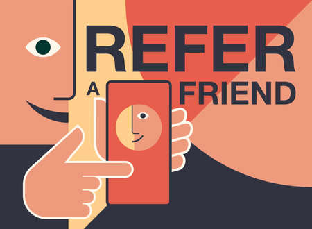 Refer a friend - referral program creative banner - abstract style simplified person holding phone and shows his friend - vector illustrationのイラスト素材