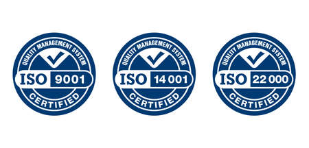ISO 9001, 14001 and 22000 certified monochrome pictograms set - quality management system international standard emblems set - isolated vector signsのイラスト素材