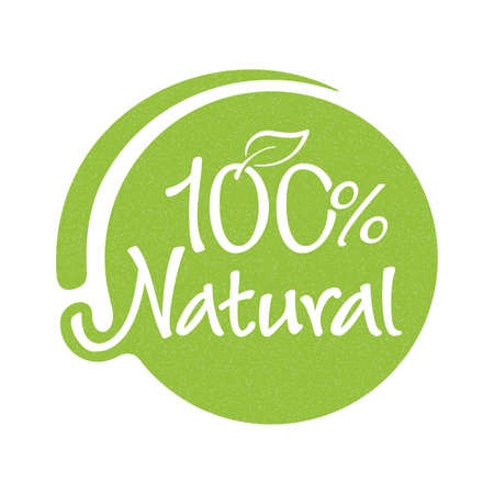 100 percents natural, organic and GMO free product icon with grungy texture - badge for hundred percent healthy food, vegetarian nutrition in leaf shape - vector stickerのイラスト素材