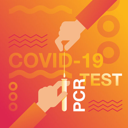 PCR testing banner - DNA samples collection - hands, swab stick and test tube in cartoon styleのイラスト素材