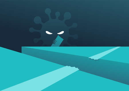 virus destroys the bridge to happy future. Vector illustrationのイラスト素材