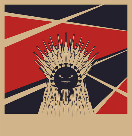 Game of Vaccines comic picture on  vaccination theme. Evil Emperor on Syringe Throne. Vector illustrationのイラスト素材