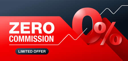 0 percents red and black banner - zero commission special offer template with 3D zero digit and red background - vector promo limited offers flyerのイラスト素材
