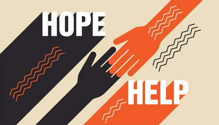 Help and hope concept, benevolence charity illustration with helping hands and long shadowsのイラスト素材