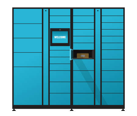 Automated parcel locker with self-service terminal display and mailbox cells - modern method of delivery. Vector illustrationのイラスト素材