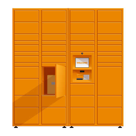 Automated parcel locker with self-service terminal display and mailbox cells - modern method of delivery. Vector illustration in orange colorのイラスト素材
