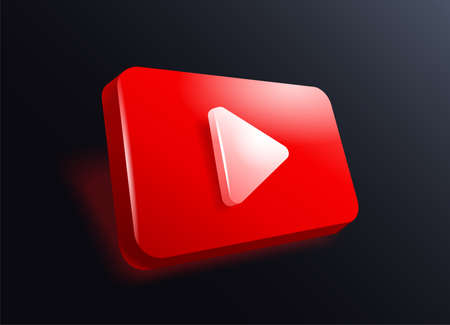 Play Button in 3D glossy decoration - red frame on dark background. Vector illustrationのイラスト素材
