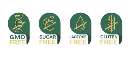 Lactose free flat pictograms set, Sugar free, Gluten free, GMO free. Pictograms for food packaging decoration element for healthy natural organic nutritionのイラスト素材