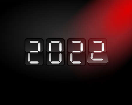 2022 is coming. New Year scoreboard. Numbers on mechanical retro flip counter on black background....