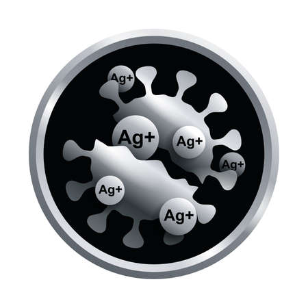 Silver ions, Ag-plus action 3D emblem as silver medal - antibacterial effect of ion solution - science, chemistry and technology marking, icon or templateのイラスト素材
