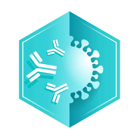 Antibody Y-shaped immunoglobulin icon. Emblem in hexagonal shape - protein that used by the immune system to neutralize pathogens such as pathogenic bacteria and viruses - isolated stampのイラスト素材