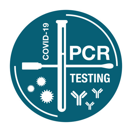 PCR testing icon in flat hipster style with swab stick, test tube, crossed bacterie and antibody - polymerase chain reaction - disease prevention and fight against coronavirus pandemic - vector emblemのイラスト素材