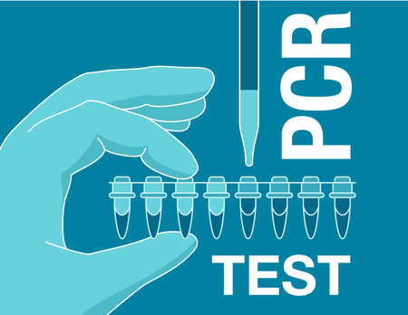 PCR testing poster - DNA samples collection - hands, swab stick and test tubeのイラスト素材