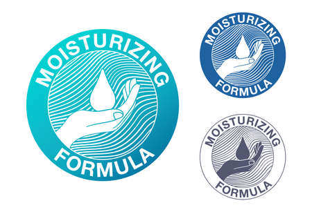 Skin moisturizing formula catchy emblem - anti-age and anti wrickles cosmetics marking - water drop, hand and wavy lines - vector skincare icon . Vector illustrationのイラスト素材