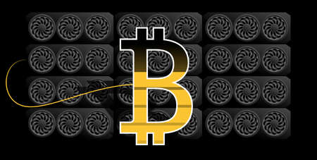 Bitcoin Mining Farm Rig. Graphic cards - earnings cryptocurrency Vector illustrationのイラスト素材