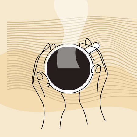 Coffee shop banner - hands holding mug in top view. Abstract vector illustrationのイラスト素材