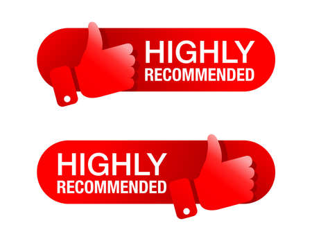 Highly Recommended red badge with thumbs up. Isolated vector web elementのイラスト素材