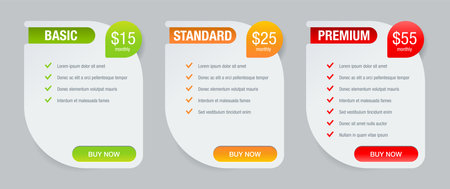 Tariff comparsion table block with three options - web UI chart flat design template - Basic, Standard, Premium tariffs - three info columns with options in different colors - vector infographics. Vector illustrationのイラスト素材