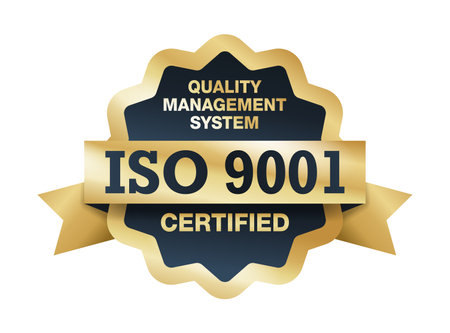 ISO 9001 medal - conformity to standards icon - golden medal award with international quality management system guarantee emblem - isolated vectorのイラスト素材