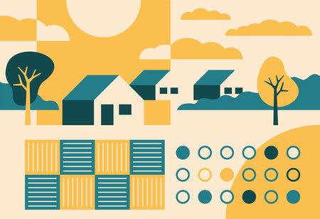 Abstract beautiful landscape in simple cartoon style, using 4 colors. Rural scene with house, fields, trees, road and sunny, cloudy skyのイラスト素材