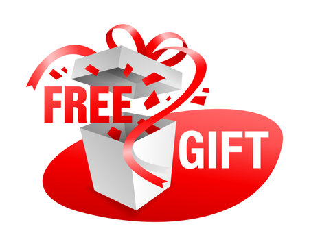 Free gift banner for Special discount and bonus program - open box and confetti. Vector illustrationのイラスト素材