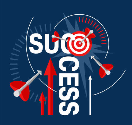 Success concept in abstract style - business strategy and targeting success - bulls eye hit in archery, target and flying arrows - vector banner. Vector illustrationのイラスト素材