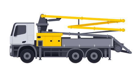 Concrete pump truck - machine used for transferring liquid concrete by pumping that attached to truck with remote-controlled articulating robotic arm. Vector illustrationのイラスト素材