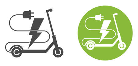 Electric scooter logo or sign design, eco-friendly sustainable transport concept. Vehicle silhouette with socket and organic leavesのイラスト素材