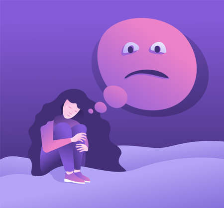 Anxiety - girl in depression with confused thought bubble. Tired woman suffer from mental disorder. Vector illustrationのイラスト素材